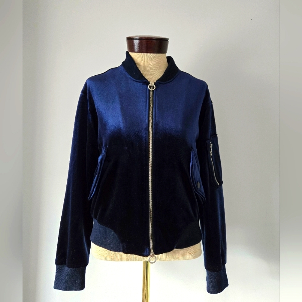 PULL & BEAR crushed velvet navy bomber jacket. Size small